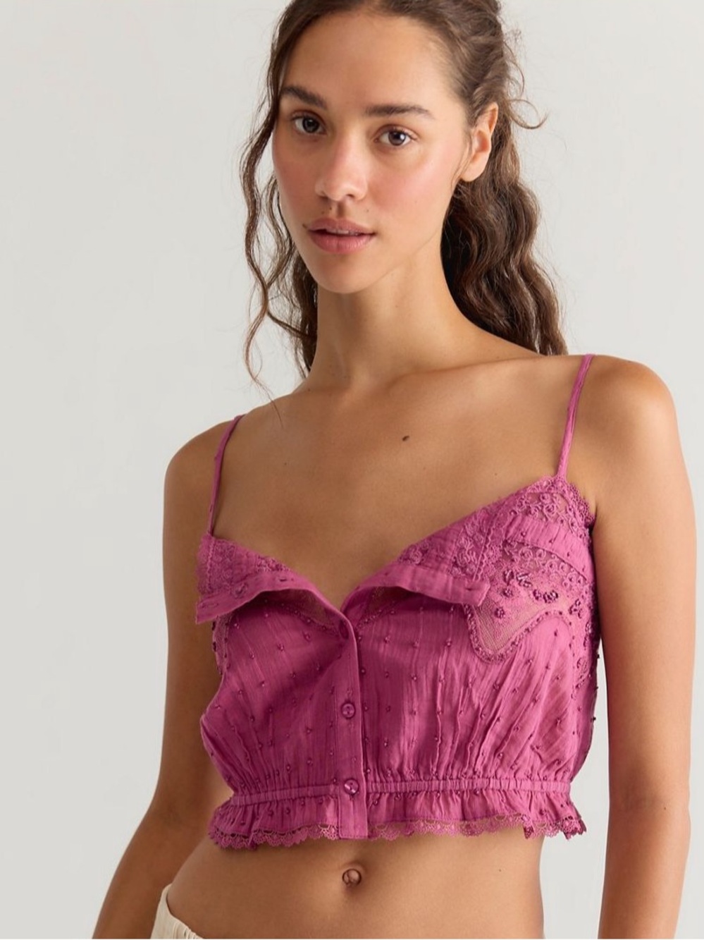 Free People Cropped Eyelet Button-Front Cami Top — Pink